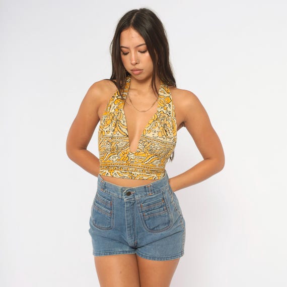 70s Halter Crop Top Block Print Yellow Cream Floral Paisley Plunge Neck Tie Back Cotton Hippie Festival Bohemian Indian Summer Blouse Small