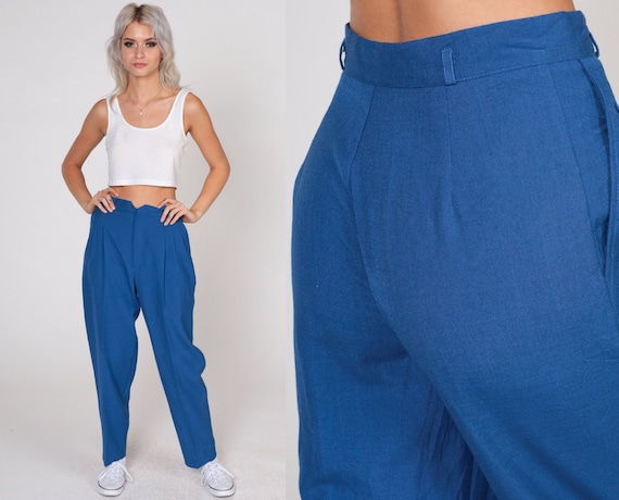 70s Tapered Trousers Blue Pleated Pants High Waisted Rise Slacks Retro Seventies Preppy Simple Basic Plain Vintage 1970s Small xs 26