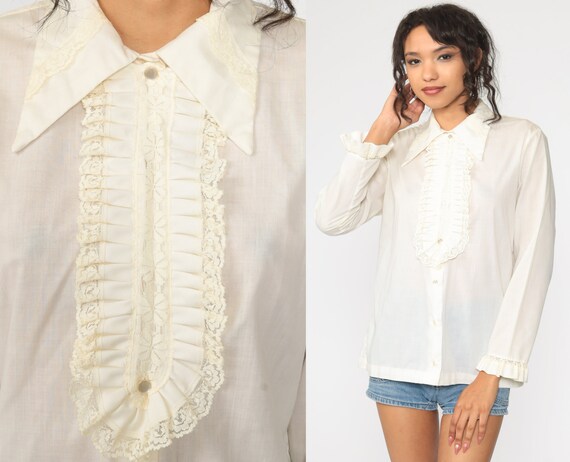 Tuxedo Lace Blouse White Dagger Collar Shirt 70s V