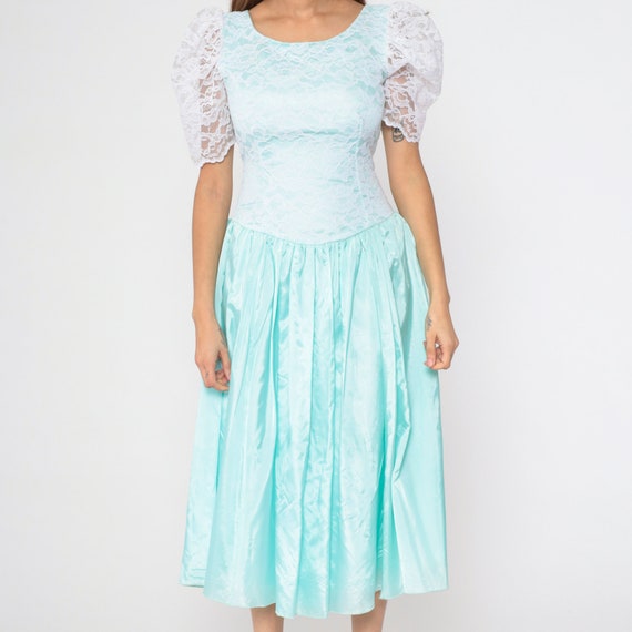 80s Party Dress Aqua Blue Taffeta Lace Dress Puff… - image 9