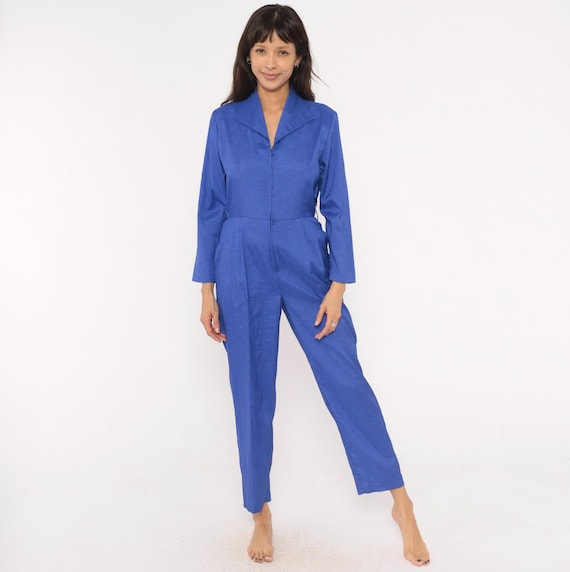 Cobalt Jumpsuit 80s Joan Walters Long Sleeve Tapered Leg Pleated Waist Royal Blue Indigo One Piece Vintage Romper Coverall Pantsuit Small S