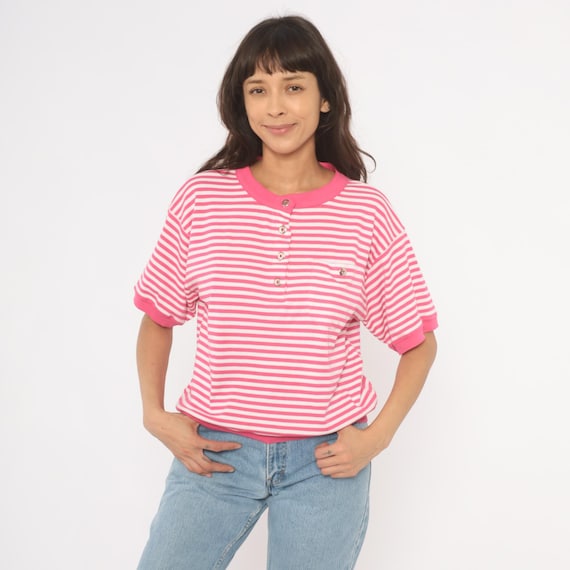 Pink Striped Henley 80s Button Top White Stripe Sweatshirt Short Sleeve Chest Pocket Blouse Cotton Vintage Bubblegum Tee Shirt Medium M