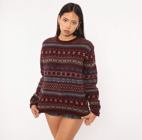 90s Fair Isle Sweater Eddie Bauer Wool Crewneck Burgundy Navy Knit Pullover Nordic Pattern Wine Maroon Grandpa Style Vintage Small S