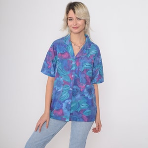 Watercolor Floral Blouse 90s Button Up Shirt Purple Pink Teal Short Sleeve Top Flower Print Collared Vintage 1990s Oversized Large L