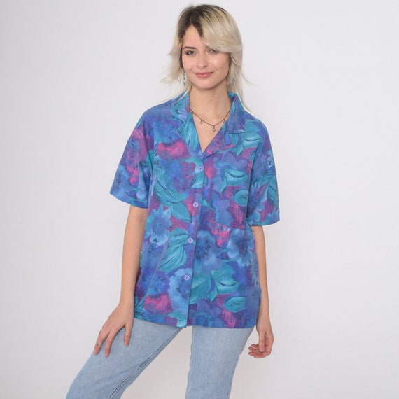 Watercolor Floral Blouse 90s Button Up Shirt Purple Pink Teal Short Sleeve Top Flower Print Collared Vintage 1990s Oversized Large L