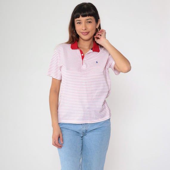Y2K Ralph Lauren Golf Striped Polo Red White Quarter Button Up Retro RLP Collared Short Sleeve Top Vintage 00s Medium Large