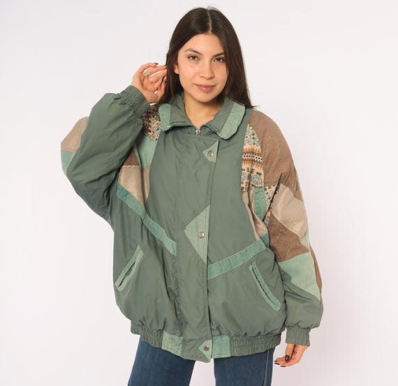 90s Southwestern Patchwork Bomber Jacket Green Sage Tapestry Print Corduroy Trim Boxy Puffy Coat Grey Brown Aztec  Womens Vintage Large L