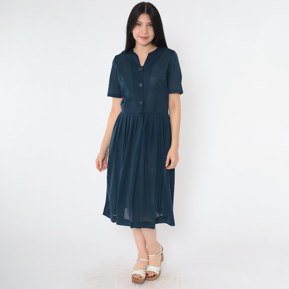 Vintage 60s Shirtdress Navy Blue Button Up Dress 1960s Pleated Midi Semi-Sheer Mad Men Shirtwaist Plain Day High Waist Small Medium 6/8