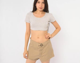 80s Beige Shorts Trunks Swimmers Khaki Cotton Short Inseam Belted Tan Summer Surf Beach High Rise Hot Pants Mens Womens Unisex Small S