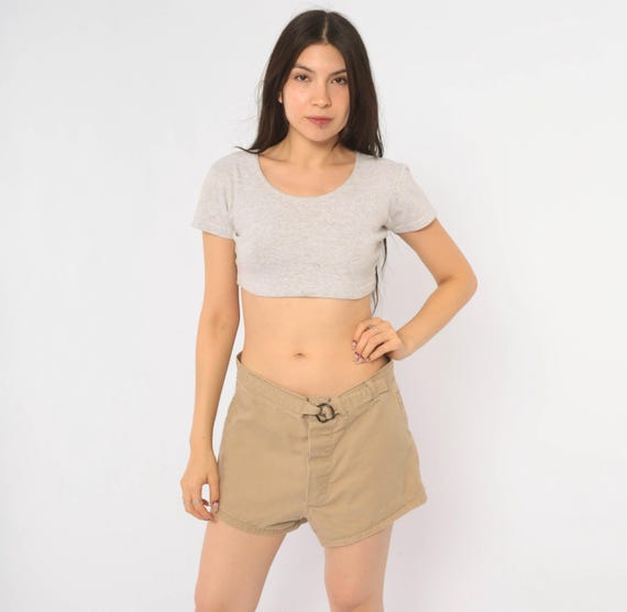 80s Beige Shorts Trunks Swimmers Khaki Cotton Short Inseam Belted Tan Summer Surf Beach High Rise Hot Pants Mens Womens Unisex Small S