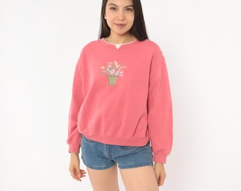 Floral Embroidered Sweatshirt 90s Rose Pink Flower Basket Pullover Cotton Cottagecore Granny Relaxed Fit Boxy Blush Top Vintage Medium M