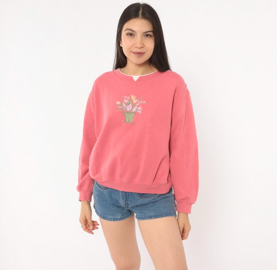 Floral Embroidered Sweatshirt 90s Rose Pink Flower Basket Pullover Cotton Cottagecore Granny Relaxed Fit Boxy Blush Top Vintage Medium M