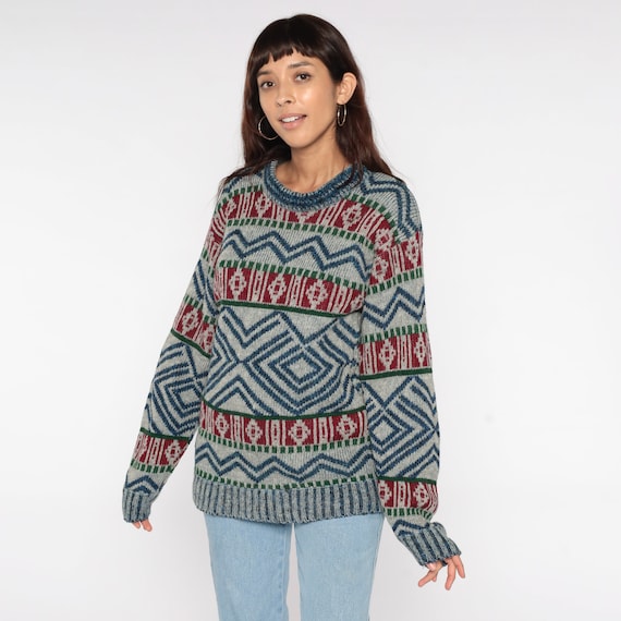 80s Geometric Sweater WOOL Knit Sweater Blue Red Striped Abstract Print Knit Jumper 1980s Vintage Pullover Small Medium
