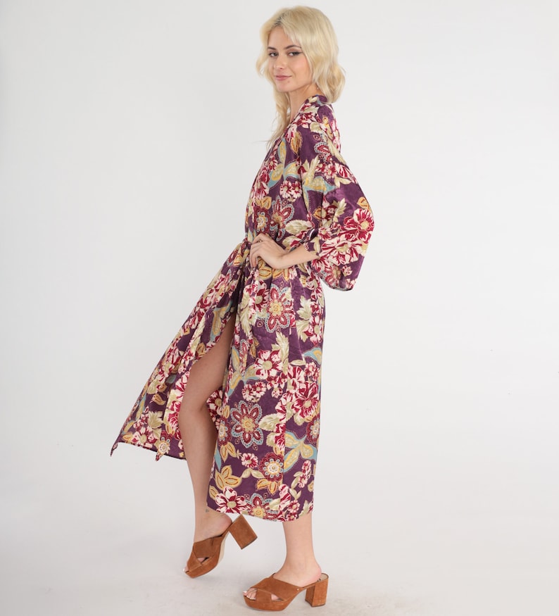 Purple Floral Robe 90s Lingerie Robe Long Bed Jacket Flower Print Tie ...