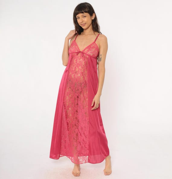 Hot Pink Nightgown 80s Maxi Long Lace Slip Dress Lingerie Babydoll Coquette Sheer Rose Sleepwear Valentines Day Boudoir Vintage Medium M