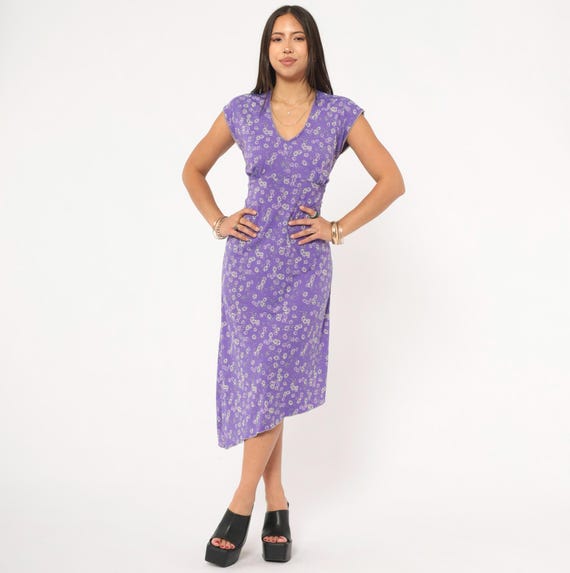 Y2K Floral Midi Dress Purple Violet Daisy Cap Sleeve Tie Back Waist Lavender Cream Summer Spring Garden Party Cottagecore Lilac Large L