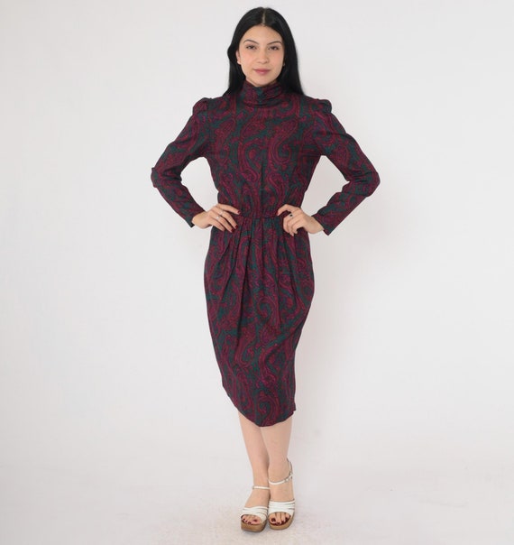 80s Paisley Dress Mock Neck Puff Sleeve Dress High Waist Pleated Midi Dress 1980s Secretary Long Sleeve Vintage 90s Academia Small 6 Petite