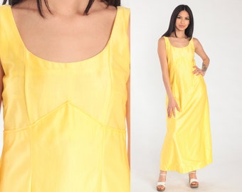 Robe de soirée jaune des années 70, robe longue taille empire brillante sans manches cocktail formelle bal cheville longueur robe simple longue vintage des années 1970 petit S