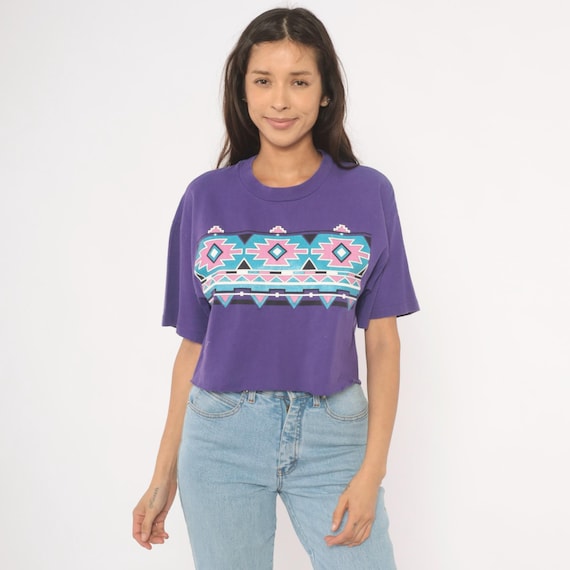 90s Aztec Crop Tee Purple Violet Geometric Southwest Print Boxy Cotton Graphic Shirt Tribal Short Sleeve Grape Teal Pink Pullover Small S