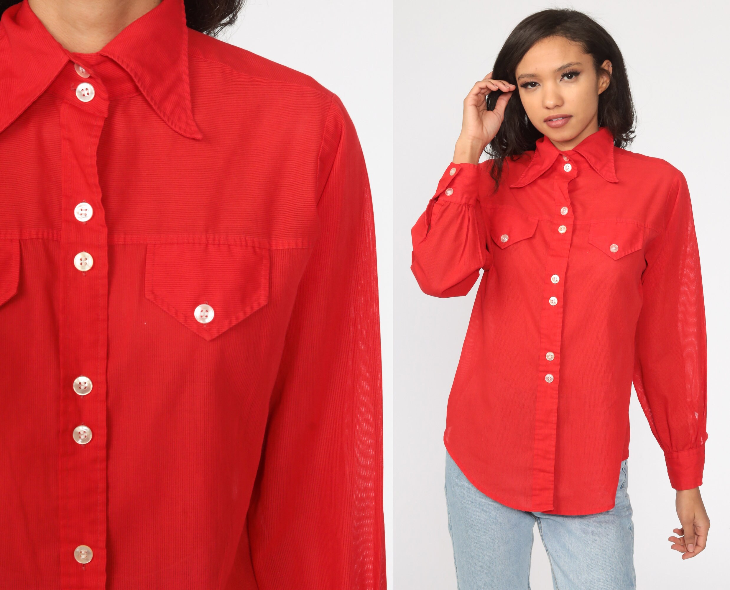 sheer red button up shirt