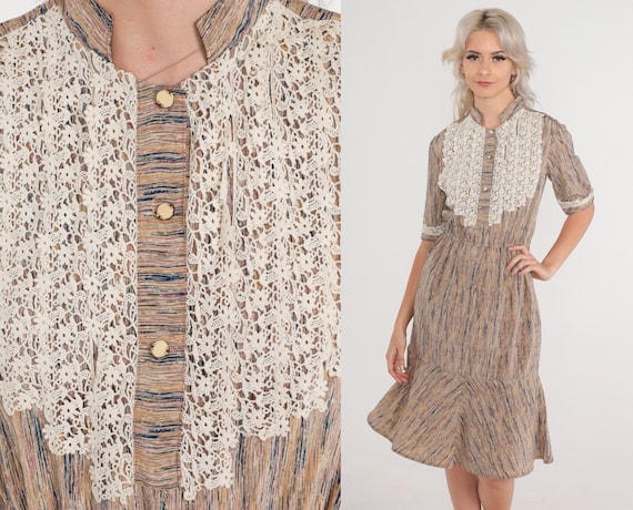 Crochet Bib Dress 70s Button up Midi Dress Knee L… - image 1