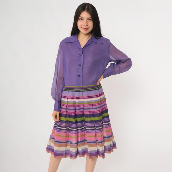 Rainbow Stripe Dress Purple 60s Chiffon Sheer Dress Button Front Long Sleeve Multicolor Midi Psychedelic Groovy Vintage Medium Large L 14