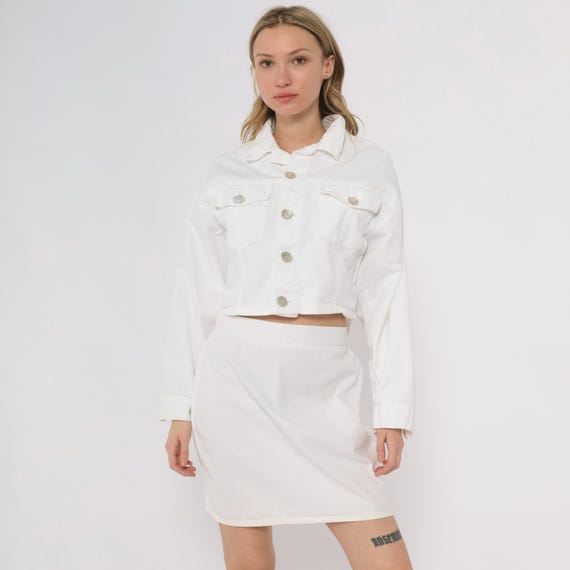 White Denim Jacket 90s Bongo Crop Button Up Jean Jacket Vintage Grunge Cropped Long Sleeve Collar Clubwear Medium M