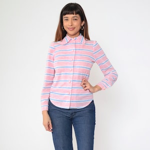 Pink Striped Shirt 70s Blouse Pastel Shirt Long Sleeve Boho Top Button Up 1970s Dog Ear Collar White Blue Horizontal Stripe Small