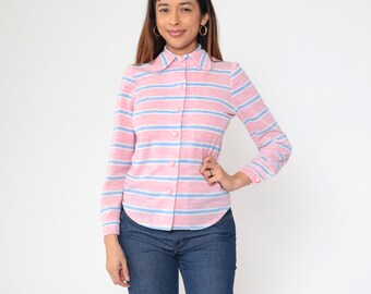 Pink Striped Shirt 70s Blouse Pastel Shirt Long Sleeve Boho Top Button Up 1970s Dog Ear Collar White Blue Horizontal Stripe Small
