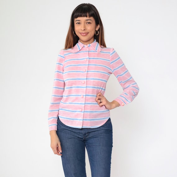 Pink Striped Shirt 70s Blouse Pastel Shirt Long Sleeve Boho Top Button Up 1970s Dog Ear Collar White Blue Horizontal Stripe Small