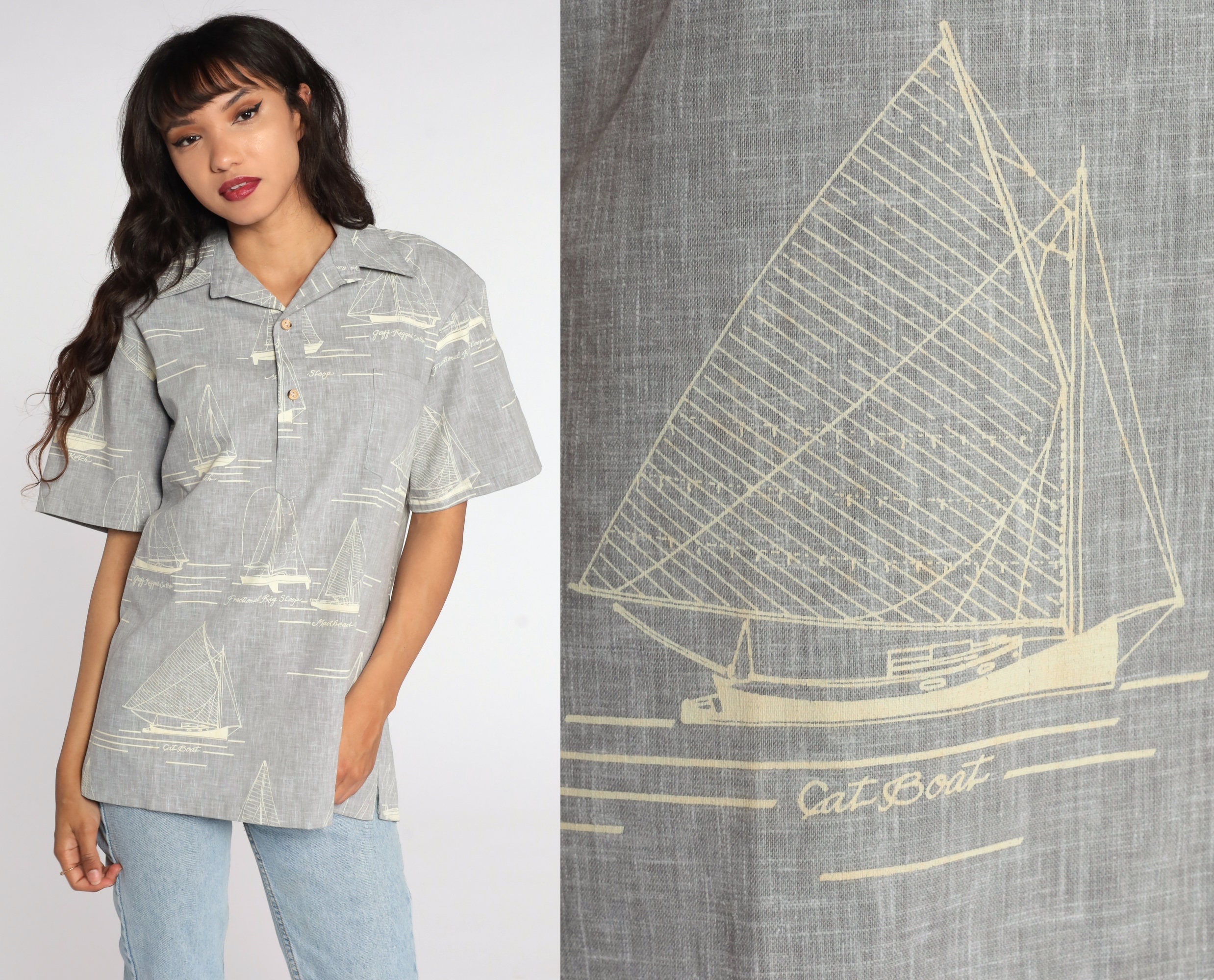 Sailboat Shirt 80s Boat Shirt Grey Nautical Sailor Button Up Shirt ...