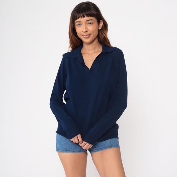 Navy Pullover Sweater 70s Collared V-Neck Knit Top Vintage Preppy College Style Dark Blue Long Sleeve Dark Academia Casual Jumper Medium M
