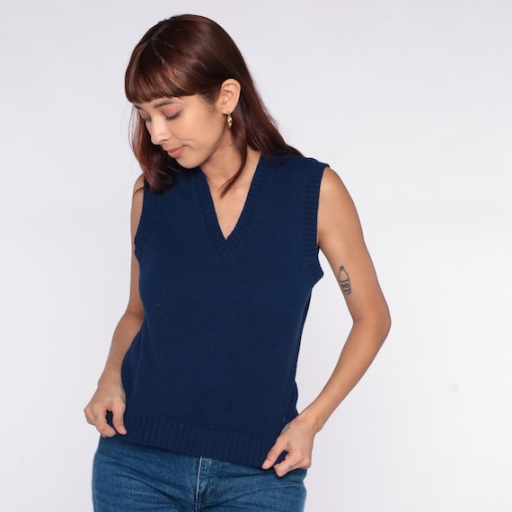 80s Sweater Vest Navy V Neck Sleeveless Knit Tank Top Blue Dark Academia Preppy Classic Eighties Vintage Pullover Ribbed Nerdcore Medium M