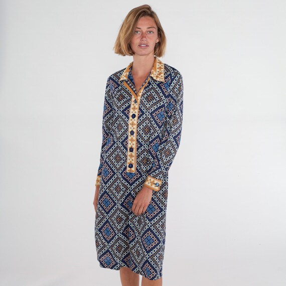 Geometric Floral Dress 70s Shirtdress Mod Button up Midi Dress Collared Shift Button up Retro Day Blue Long Sleeve Vintage 1970s Large L