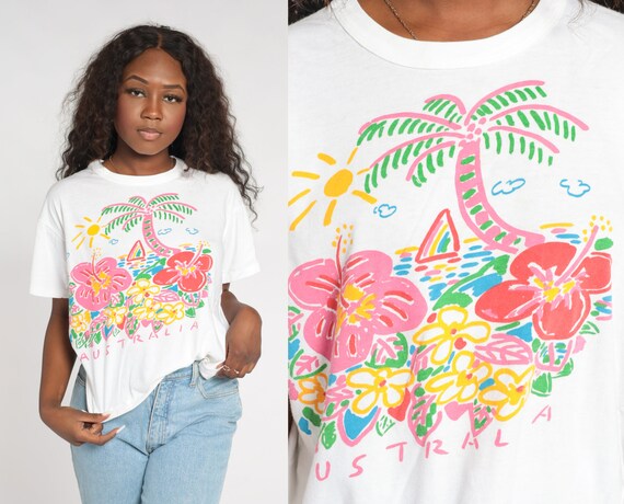 Australia T-shirt 90s Tropical T Shirt Floral Palm Tree Sailboat Sun Island Graphic Tee Flower Top Single Stitch White Vintage 1990s Large L