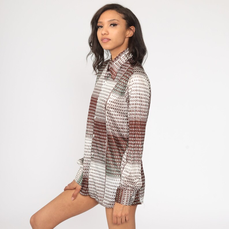 70s Bird Shirt Brown Boho Shirt Bohemian Top Swallow Shirt Geometric Novelty Print Button Up 1970s Hippie Long Sleeve Vintage Medium