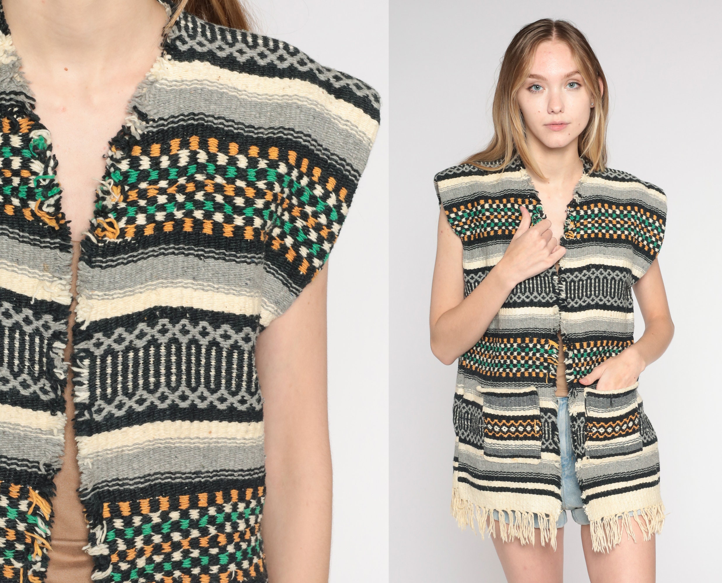 Woven Fringe Vest 90s Mexican Vest Black Grey Open Front Blanket Vest