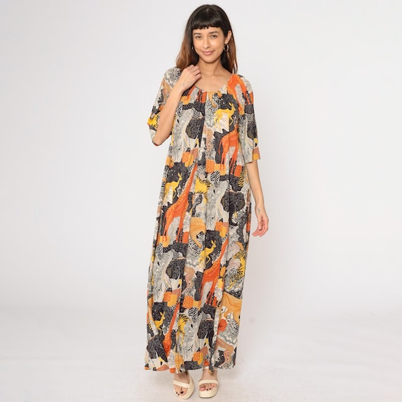 Vintage 70s Safari Caftan Dress Jungle Animal Print Lounge Maxi 70s Long Kaftan Dress Hippie Boho 1970s Trapeze Tent Small Medium Large