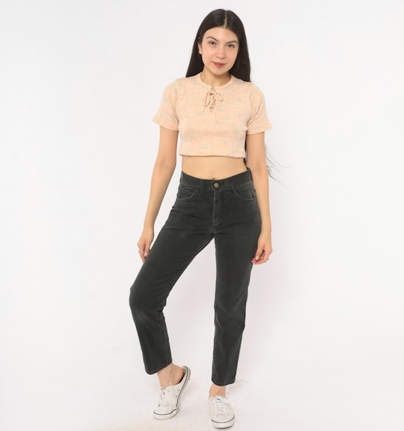 80s Lee Black Jeans High Waisted Straight Leg Cotton Denim Pants Faded Charcoal Mom Jean Vintage Tapered Ankle Dark Gray Wash Small S