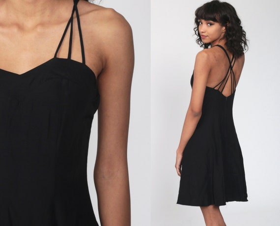 Black Party Dress 90s STRAPPY Mini Cage Criss Cro… - image 1