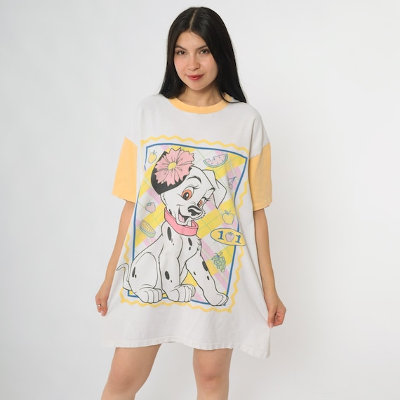 101 Dalmatians Nightgown 90s Disney Loungewear Yellow White Color Block Oversized T Shirt Dress Vintage Pajamas Sleepwear Cute One Size