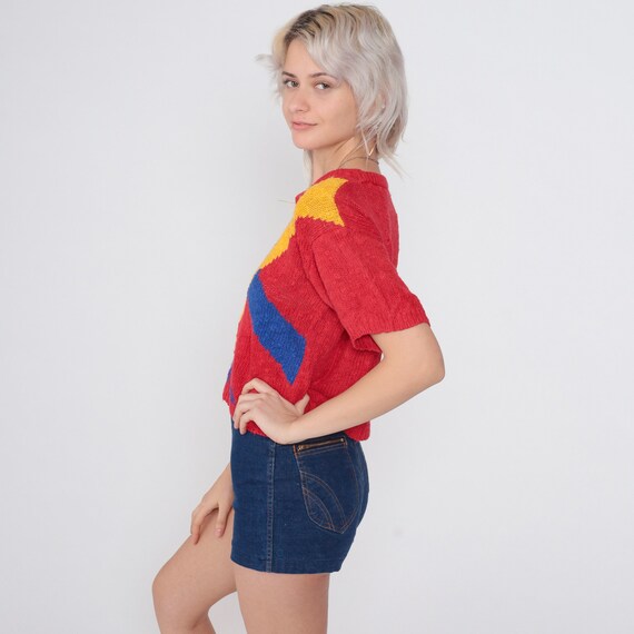 Red Sweater Top 80s Knit Shirt Yellow Blue Pink G… - image 4