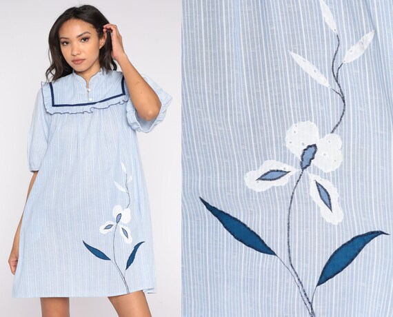 Striped Tent Dress 70s Floral Embroidered Blue Mini Dress Puff Sleeve Ruffled Bib Summer Boho Day Dress Hippie Vintage Trapeze 80s Small S