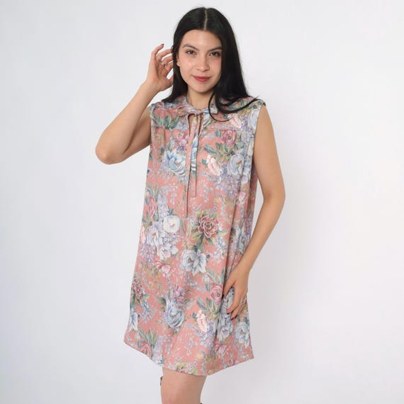 70s Mod Floral Dress Vintage Dusty Pink Keyhole Tie Neck Shift Dress 60s Sleeveless Summer Dress 1970s Hippie Boho Polyester Large L