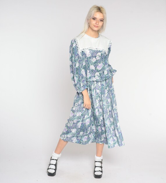 80s Floral Dress Granny Bib Dress Purple Paisley Midi Long Puff Sleeve High Waisted Cottagecore Vintage 1980s Pleated Secretary Large 14