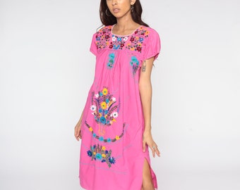 Różowa meksykańska sukienka haftowana sukienka midi boho bawełniana tunika sukienka chłopska hipisowska kwiatowa sukienka boho z lat 80. vintage średnia