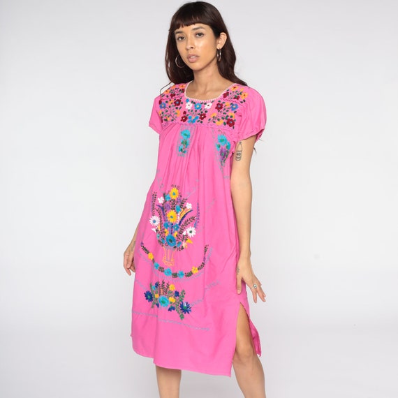 Pink Mexican Dress Embroidered Midi Dress Boho Cotton Tunic Peasant Dress Hippie Floral 80s Bohemian Dress Vintage Medium