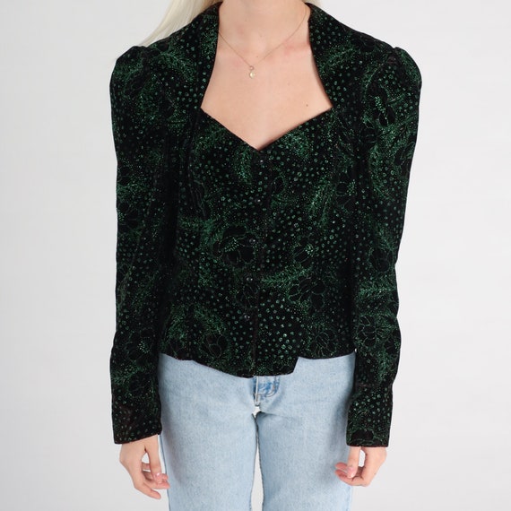 80s Velvet Blouse Sparkly Green Black Floral Shir… - image 9