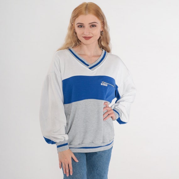 Color Block Sweatshirt 90s Pierre Cardin Sweatshirt Blue Grey White Striped V Neck Pullover Ringer Sweater Pocket 1990s Vintage Mens Large L