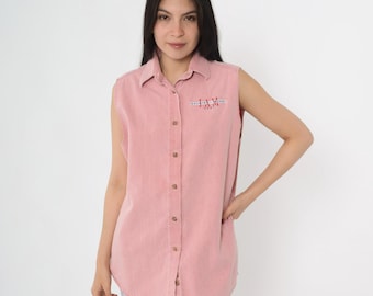 Camicia vintage in denim rosa senza maniche, 2001, Country Jam USA Music Festival, con bottoni ricamati sul davanti, modello western Y2K, Au Claire, Wisconsin, taglia L